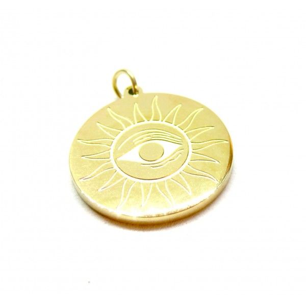 Pendentif avec anneau Oeil de la protection dans soleil 20mm en Acier Inoxydable 304 placage IONIQUE doré à l'or fin 14KT