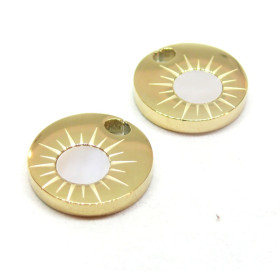 Pendentif Cercle avec soleil et Nacre 7mm en acier Inoxydable 316 finition Doré à l'or fin 14K
