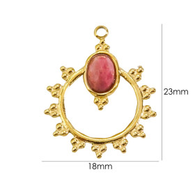 Pendentif Bohème 18 par 23mm avec Rhodonite facettée, en Acier Inoxydable 304 finition Doré