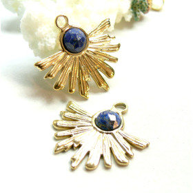 Pendentif  Demi Soleil Eventail 26 mm Acier Inoxydable finition Doré 18KT et lapis Lazuli