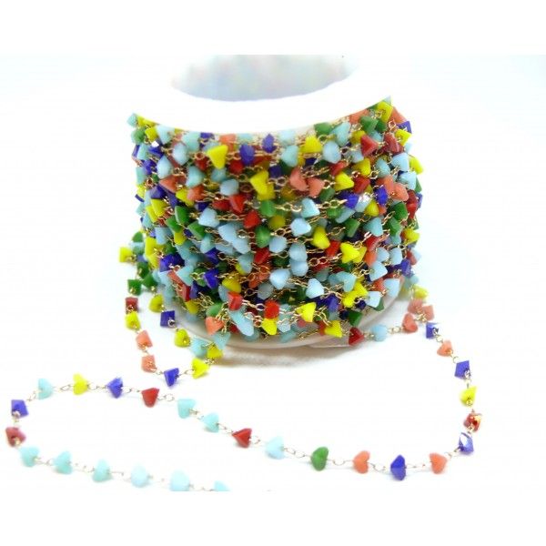 Chaine avec Perles de verre Triangle facettées multicolores 3.5mm en acier Inoxydable 304 finition doré