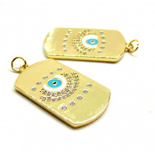 Pendentif Charms avec anneau, Rectangle avec Oeil de la protection, grigri émaillés avec Strass 31mm Turquoise