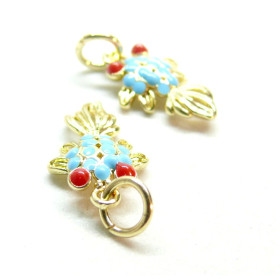 Pendentif, Charms Poisson en résine émaillé - laiton finition Doré