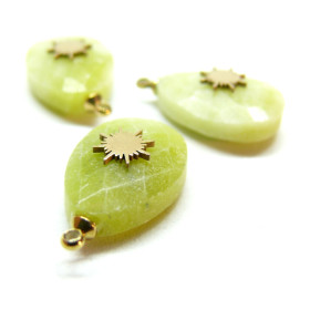 Pendentif Goutte avec Soleil et Jade Citron et acier inoxydable 304 finition Doré
