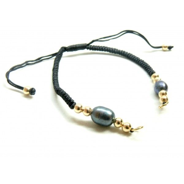 Bracelet en nylon Noir Ajustable avec perles de culture naturelle grises finition Doré