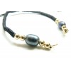 Bracelet en nylon Noir Ajustable avec perles de culture naturelle grises finition Doré