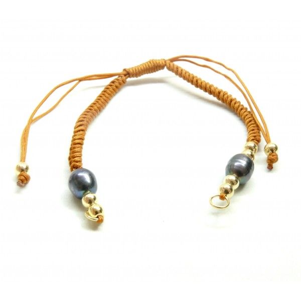Bracelet en nylon Camel Ajustable avec perles de culture naturelle grises finition Doré