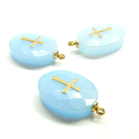 Pendentif Ovale avec Croix , Jade et acier inoxydable 304 finition Doré