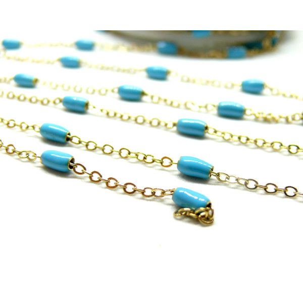 Chaîne avec Perle Oblong Résine Émaillée Bleu Turquoise – Acier Inoxydable 304 Doré Placage Ionique