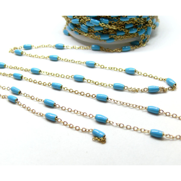 Chaîne avec Perle Oblong Résine Émaillée Bleu Turquoise – Acier Inoxydable 304 Doré Placage Ionique