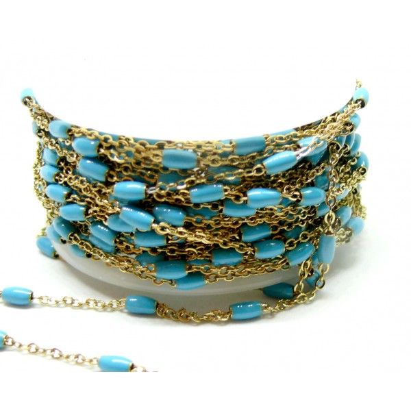 Chaine avec perle oblong résine émaillé Bleu Turquoise acier Inoxydable 304 finition doré Placage Ionique