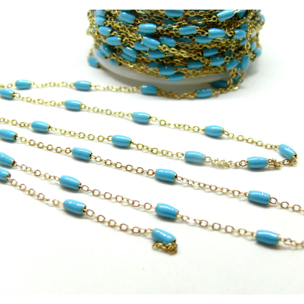 Chaîne avec Perle Oblong Résine Émaillée Bleu Turquoise – Acier Inoxydable 304 Doré Placage Ionique