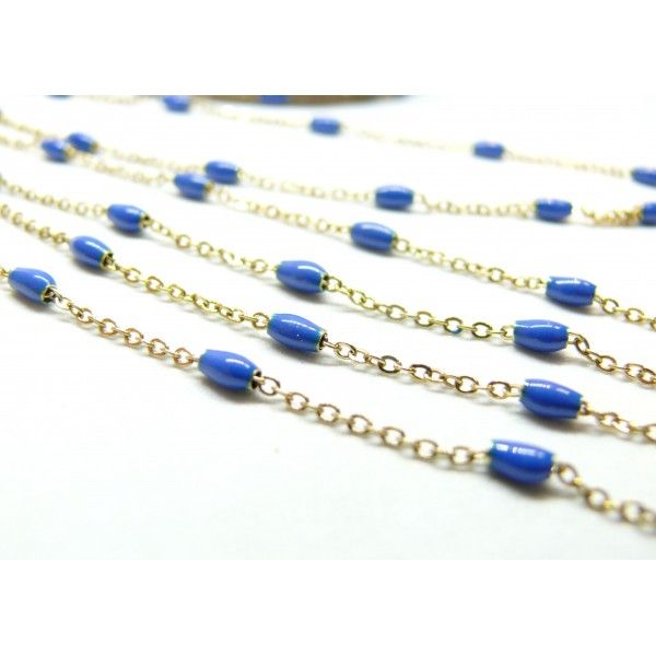 Chaine avec perle oblong résine émaillé Bleu Royal acier Inoxydable 304 finition doré Placage Ionique