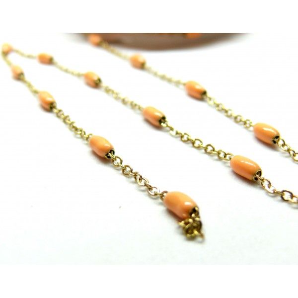 Chaine avec perle oblong résine émaillé orange acier Inoxydable 304 finition doré Placage Ionique