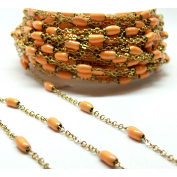Chaine avec perle oblong résine émaillé orange acier Inoxydable 304 finition doré Placage Ionique