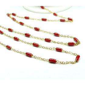 Chaine avec perle oblong résine émaillé ROUGE acier Inoxydable 304 finition doré Placage Ionique