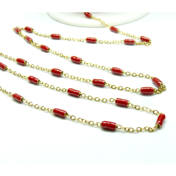 Chaine avec perle oblong résine émaillé ROUGE acier Inoxydable 304 finition doré Placage Ionique
