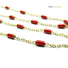 Chaine avec perle oblong résine émaillé ROUGE acier Inoxydable 304 finition doré Placage Ionique