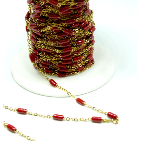 Chaine avec perle oblong résine émaillé ROUGE acier Inoxydable 304 finition doré Placage Ionique