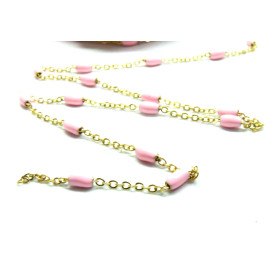 Chaine avec perle oblong résine émaillé ROSE acier Inoxydable 304 finition doré Placage Ionique