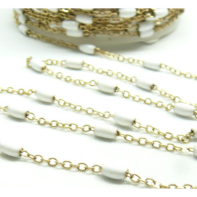 Chaine avec perle oblong résine émaillé BLANC acier Inoxydable 304 finition doré Placage Ionique