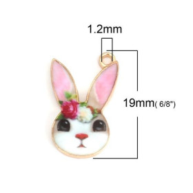 Pendentifs résine style émaillés Lapin Girly sur une base en métal doré