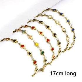 Bracelet multi Coeurs en résine émaillée NOIR  en Acier Inoxydable 304 finition Doré à l'Or fin 18K