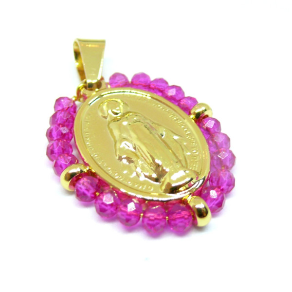 Pendentif Religieux, Vierge entourée de perles de verre facettée Rose en acier Inoxydable 304 Placage Doré
