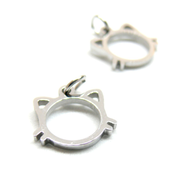 Pendentifs avec anneau Chat 13mm en Acier Inoxydable 304 finition Argenté