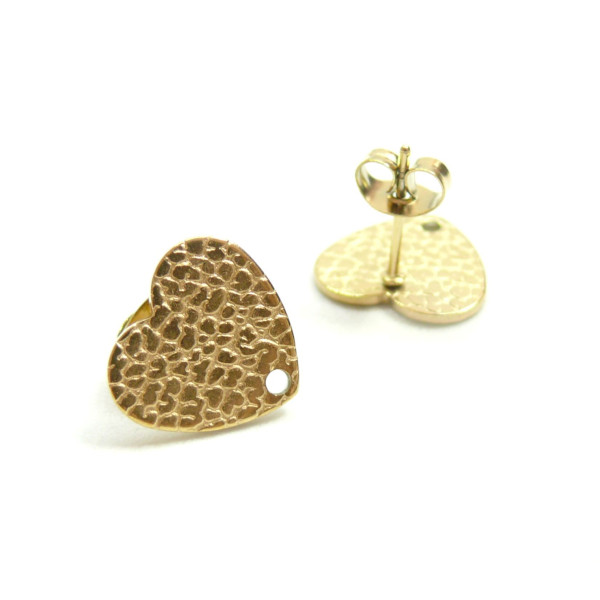 Boucles d'oreilles Puce, Cœur martelé 13mm, Acier Inoxydable finition Doré