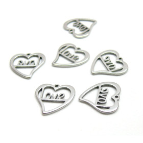 Pendentifs Coeur Love 15mm, Acier Inoxydable  304 finition Argenté