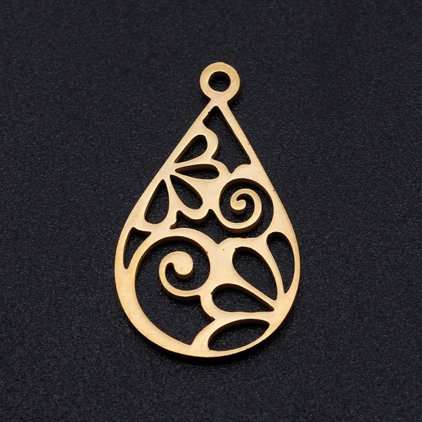 Pendentifs, Estampes Goutte avec Arabesque 22 par 13mm, Acier Inoxydable  304 finition Doré