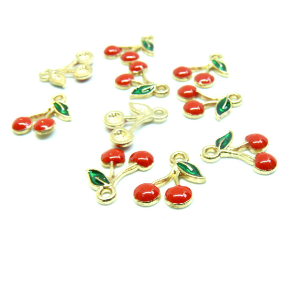 Pendentifs Cerise en résine émaillée 13mm en Métal finition Doré