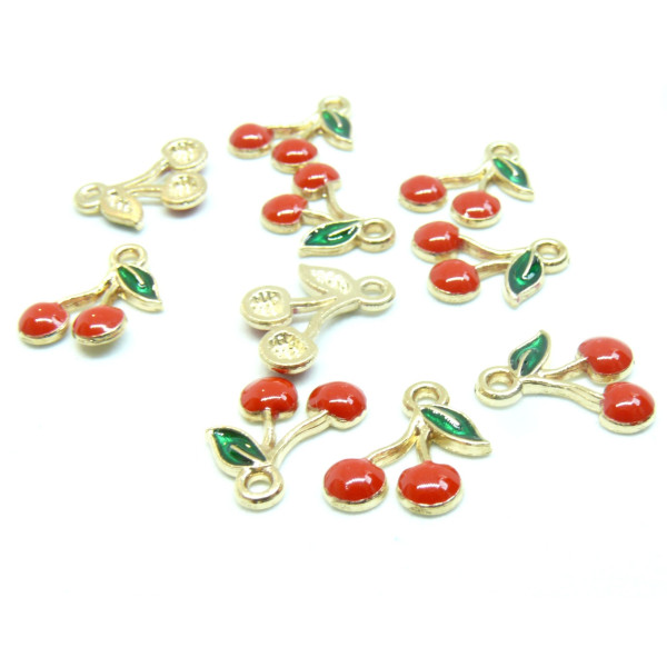 Pendentifs Cerise en résine émaillée 13mm en Métal finition Doré
