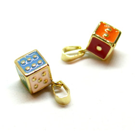 Pendentifs Dé en résine émaillée 11mm avec bélière, Acier Inoxydable 304 Doré