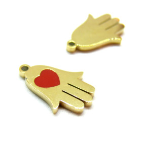 Pendentif, Chance, Main de Fatima, résine émaillée Rouge, Acier Inoxydable 304, Placage IONIQUE Doré