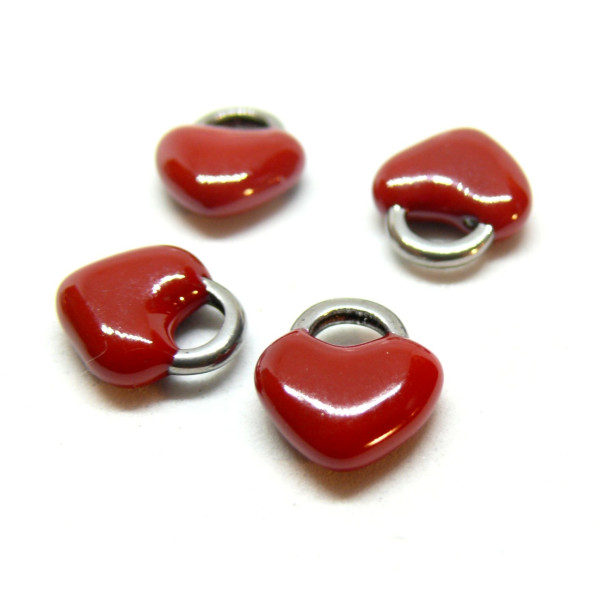 Pendentifs Coeur, en résine émaillée 11mm ROUGE, Acier Inoxydable 304 Argenté