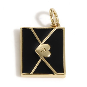 Pendentif Enveloppe avec Coeur  résine émaillé NOIR 19 mm cuivre finition Doré à l'or fin 18K