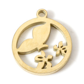 Pendentif, Médaillon Papillon et fleurs 13mm, Acier Inoxydable 304 finition Doré