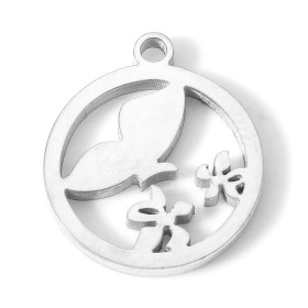 Pendentifs, Médaillon Papillon et fleurs 13mm, Acier Inoxydable 304 finition Argenté