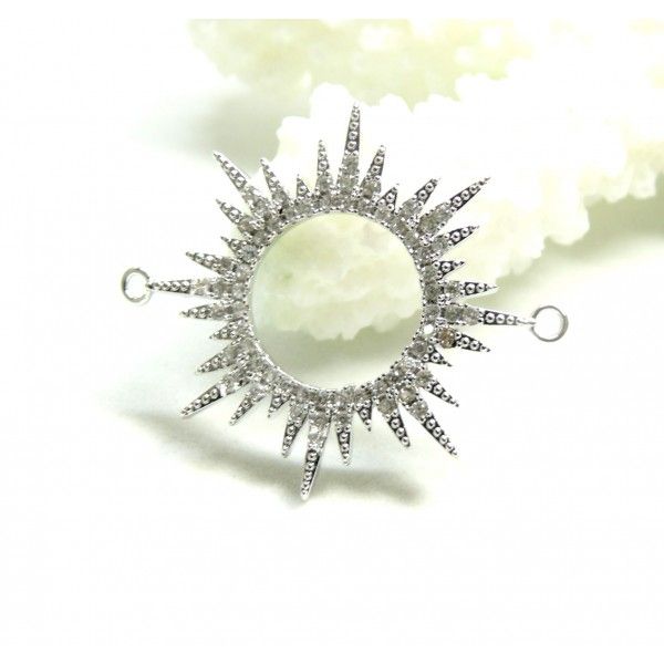 Connecteur Soleil avec Strass 25mm, en Laiton Argenté finition PLATINIUM, Fabrication de bijoux