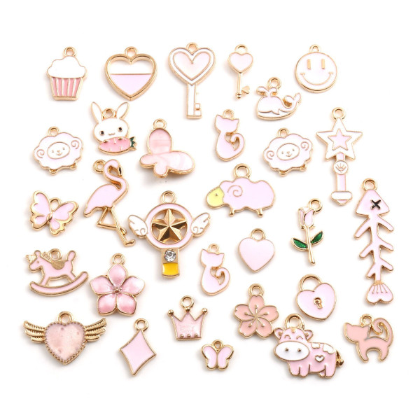 Pendentifs, breloques émaillées forme MIXTE - coloris ROSE Pale - métal Doré