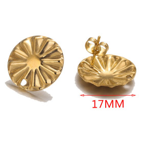 Boucles d'oreille Puces, Clous Soleil 17mm avec trou,  Acier Inoxydable 304, finition Doré à l' Or fin 18K