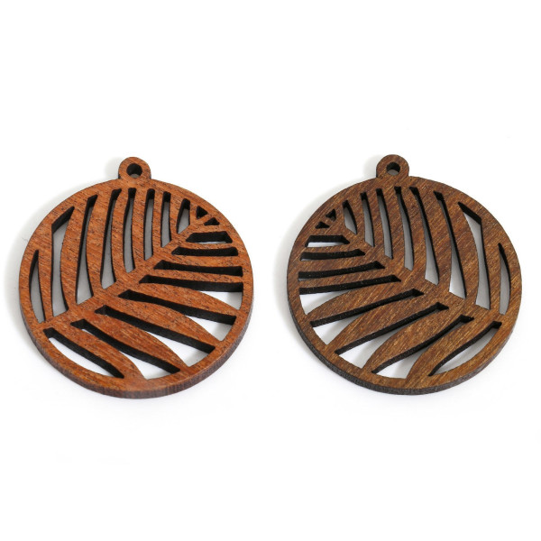 Pendentifs Rond, en Bois avec Feuille Exotique 30mm