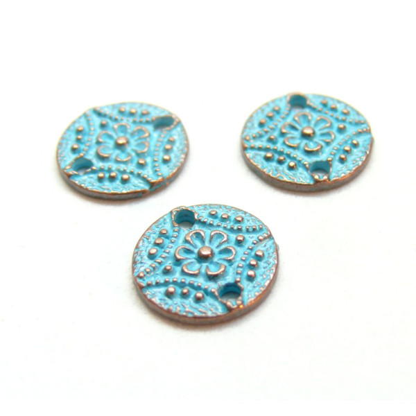 Connecteurs, Médaillon Fleur 11mm, Métal couleur Cuivré Patiné Bleu Turquoise