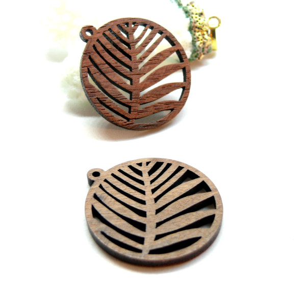 Pendentifs Rond, en Bois avec Feuille Exotique 30mm