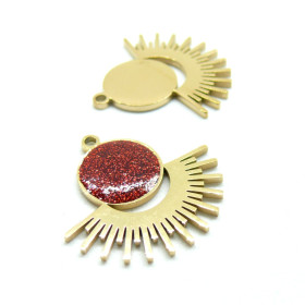 Pendentif Soleil avec Résine pailletée ROUGE 25 mm, Acier Inoxydable 304 finition Doré, Placage IONIQUE