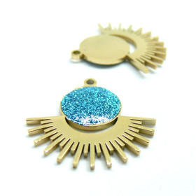 Pendentif Soleil avec Résine pailletée BLEU 25 mm, Acier Inoxydable 304 finition Doré, Placage IONIQUE