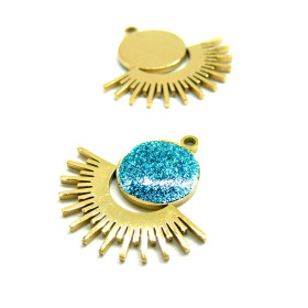 Pendentif Soleil avec Résine pailletée BLEU 25 mm, Acier Inoxydable 304 finition Doré, Placage IONIQUE