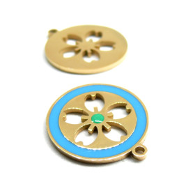 Pendentif, Médaillon Fleur de Sakura, Résine Emaillé BLEU 20 mm, Acier Inoxydable 304 Doré, Placage IONIQUE